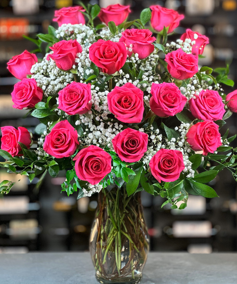 24 Hot Pink Roses With Baby's Breath