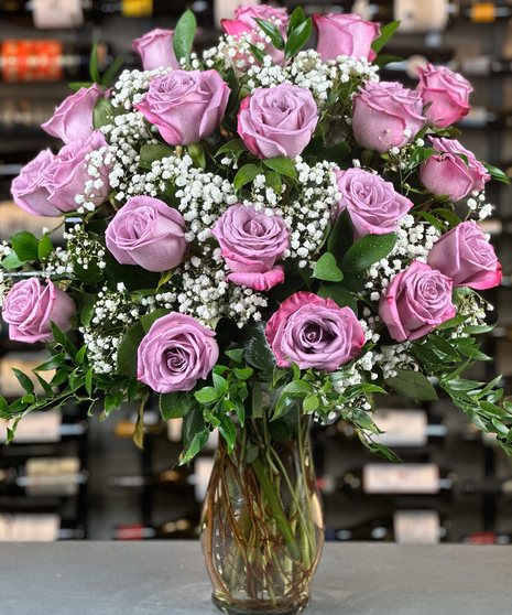 24 Lavender Roses With Baby's Breath