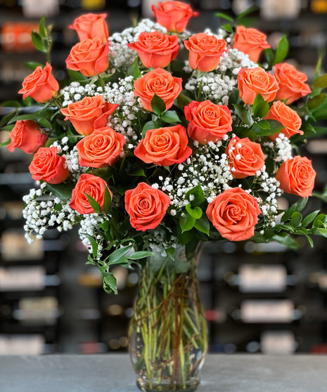 24 Orange Roses With Baby's Breath