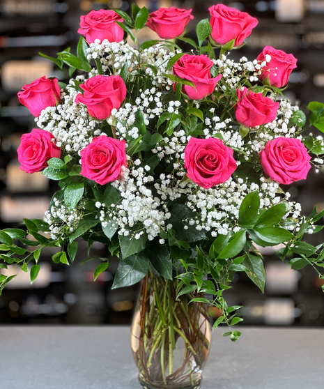 12 Hot Pink Roses With Baby's Breath