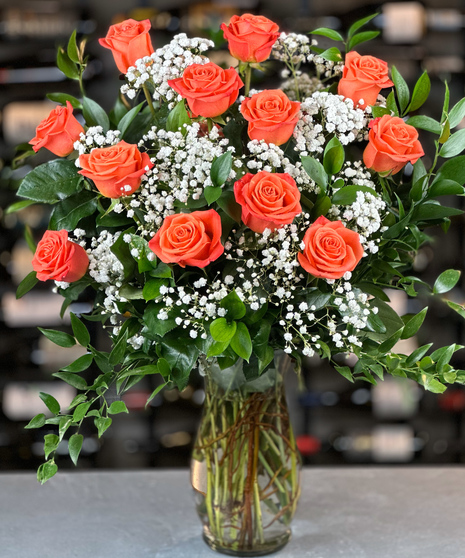 One Dozen Orange Roses With Baby's Breath