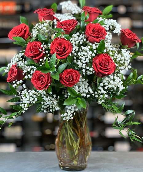 One Dozen Red Roses With Baby's Breath