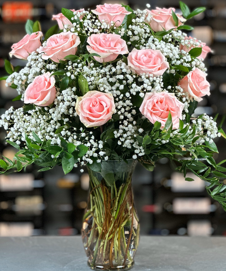 One Dozen Soft Pink Roses With Baby's Breath