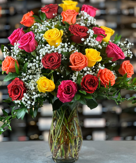 24 Assorted Roses With Baby's Breath