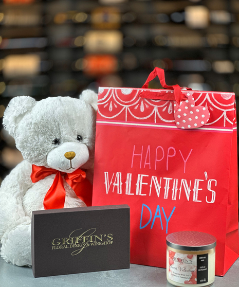 Deans Valentine Bag is complete with a large Valentine Teddy Bear, Candle, Chocolates and a Valentines Gift Bag