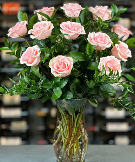 12 Pink Roses Arranged